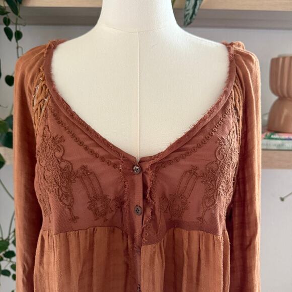 Free People Long SleeveTop Rust Brown High Low Hem Festival Boho Peasant Fall - Picture 4 of 10